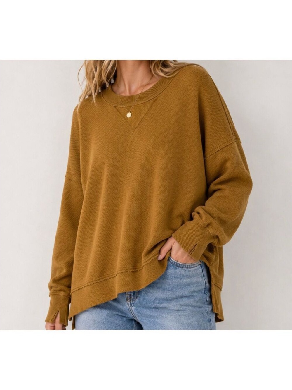 aerie Relaxed Waffle Crewneck Oversized Sweater Mustard XS up to Large